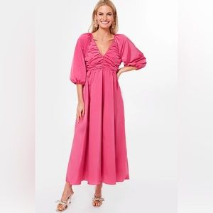 Fuchsia Ruched V-Neck Gia Maxi Dress by HYACINTH HOUSE